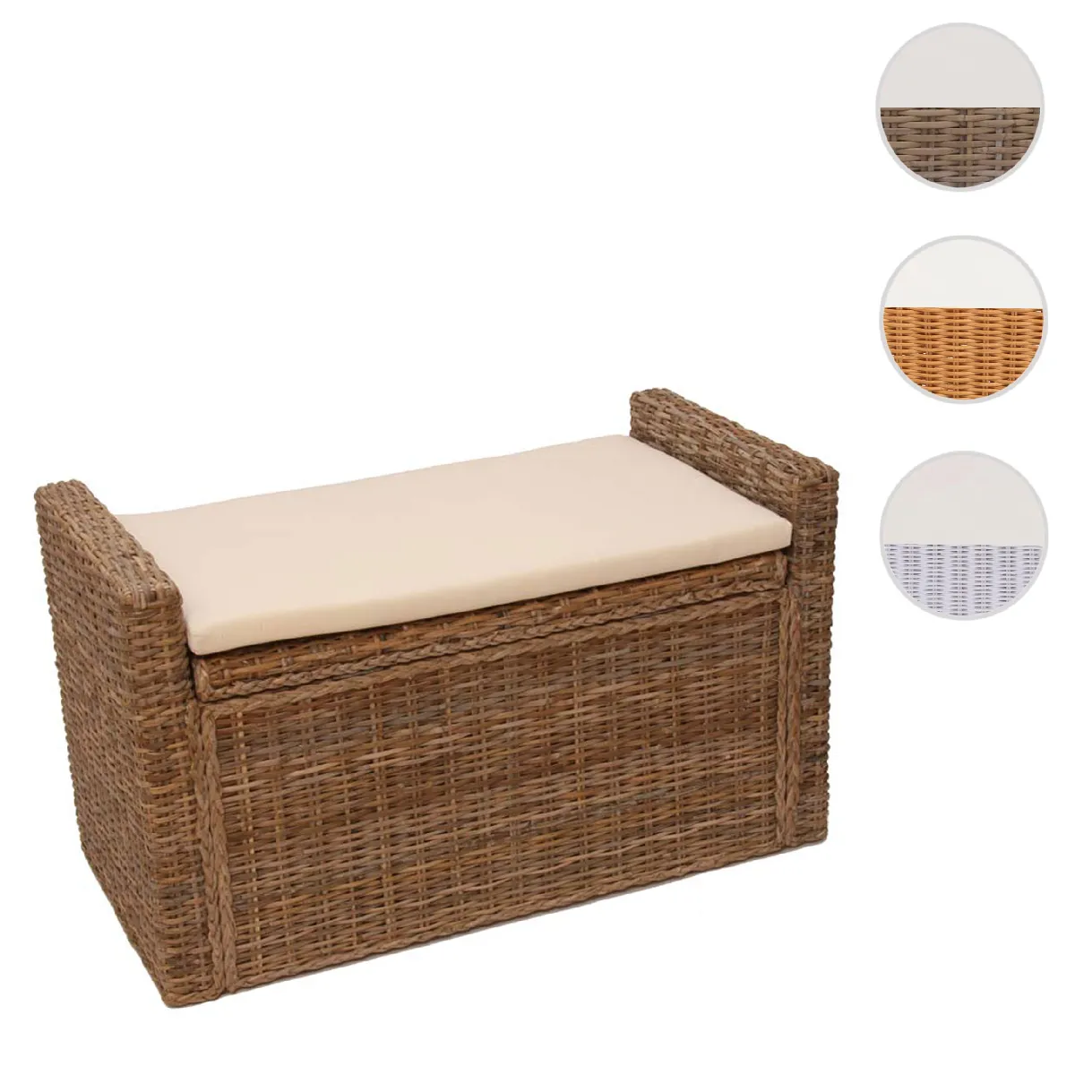 Banc coffre de rangement M92 en rotin avec coussin 88cm ~ gris cubu