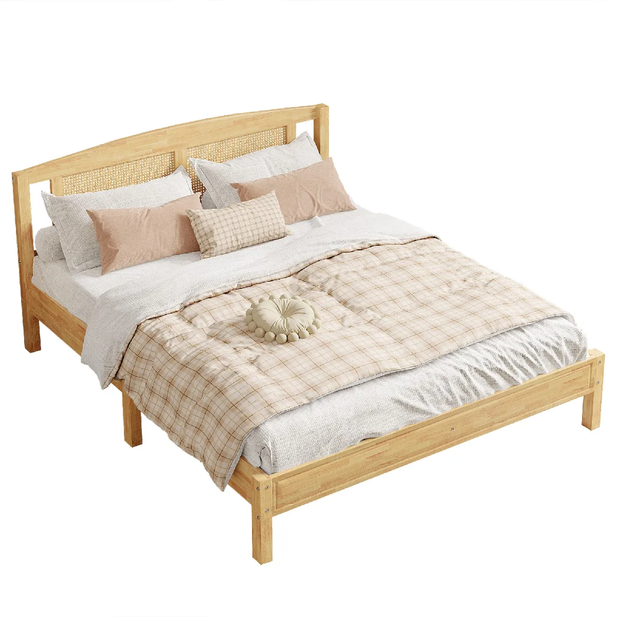 Lit double adulte 160x200 cm, lit en rotin, matelas en rotin avec 15 lattes et pied central, couleur naturelle