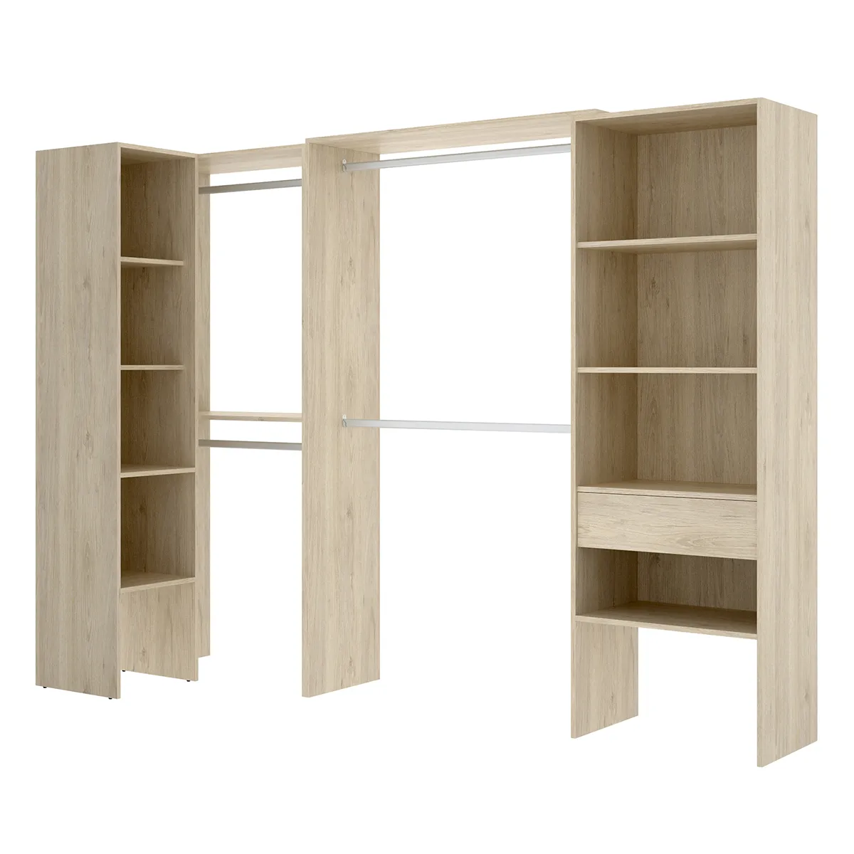 Kit armoire dressing d'angle en bois mélaminé coloris chêne naturel - Longueur 248 x Profondeur 79 x Hauteur 187 cm