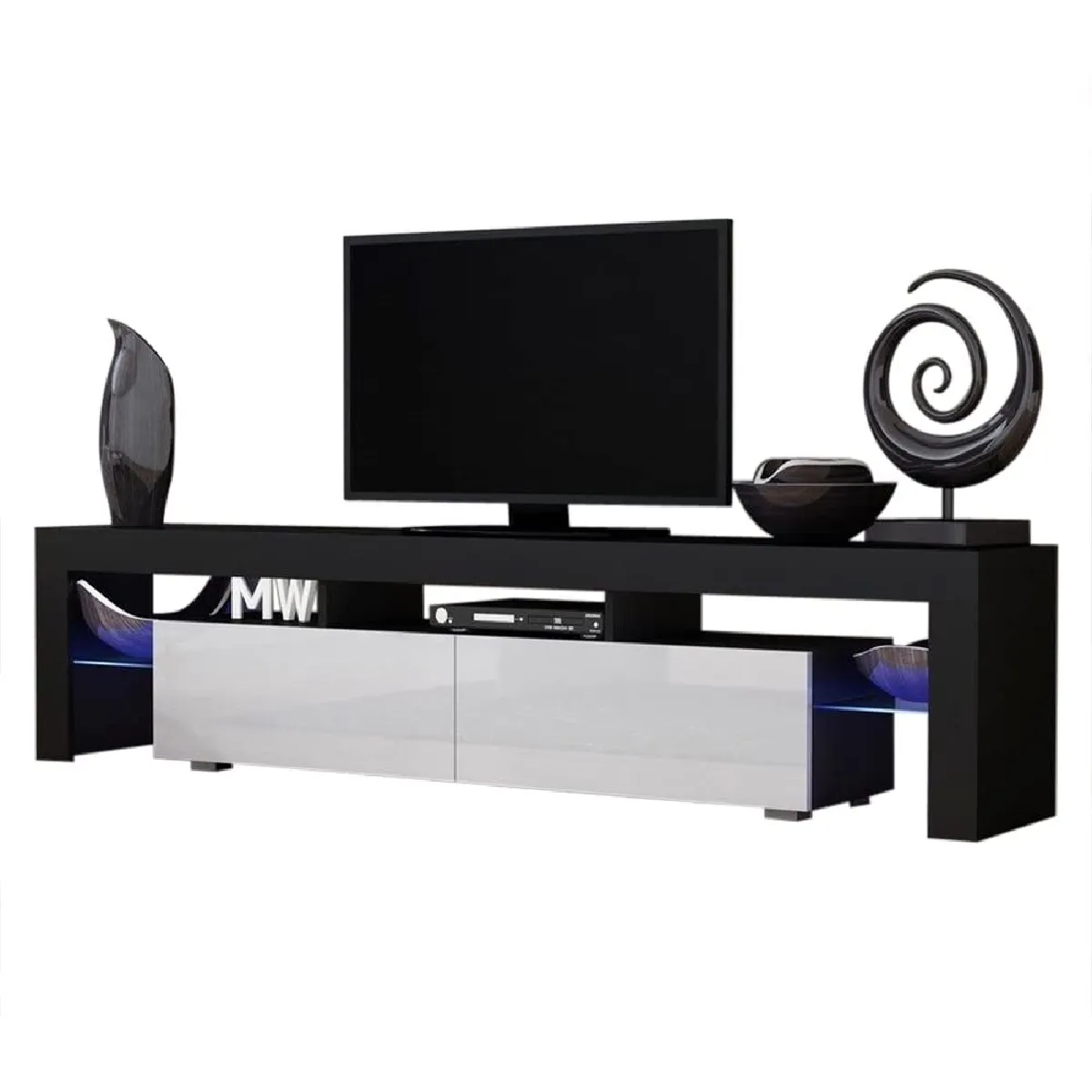 Meuble TV SPIDER BIG à LED en Noir MAT avec portes Blanc Laqué 200 cm