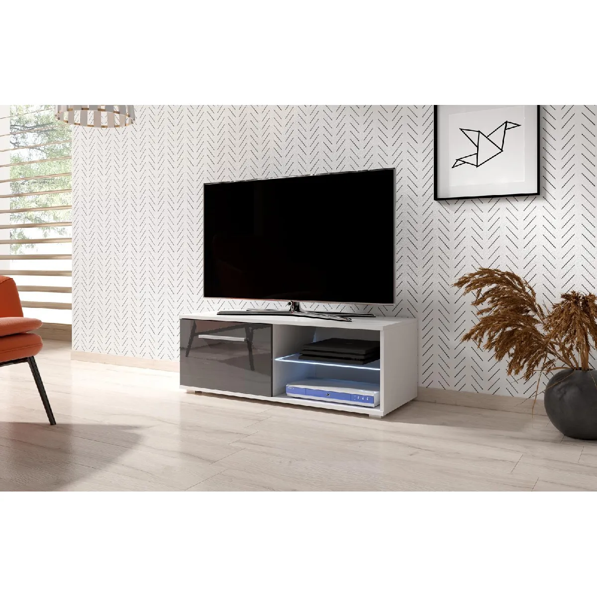 VIVALDI Meuble TV - MOON 2 - 100 cm - blanc mat / gris brillant +LED - style moderne