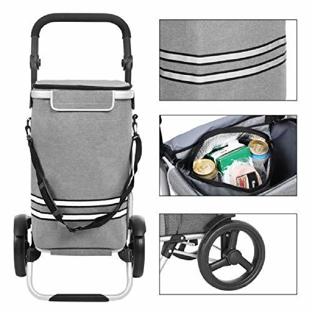 SONGMICS Caddie de Courses Solide Pliable avec Compartiment Isotherme Polyvalent Chariot de Courses avec Bandes réfléchissantes Trolley de Courses Chariot à Main Sac Amovible roulettes Gris KST02GY