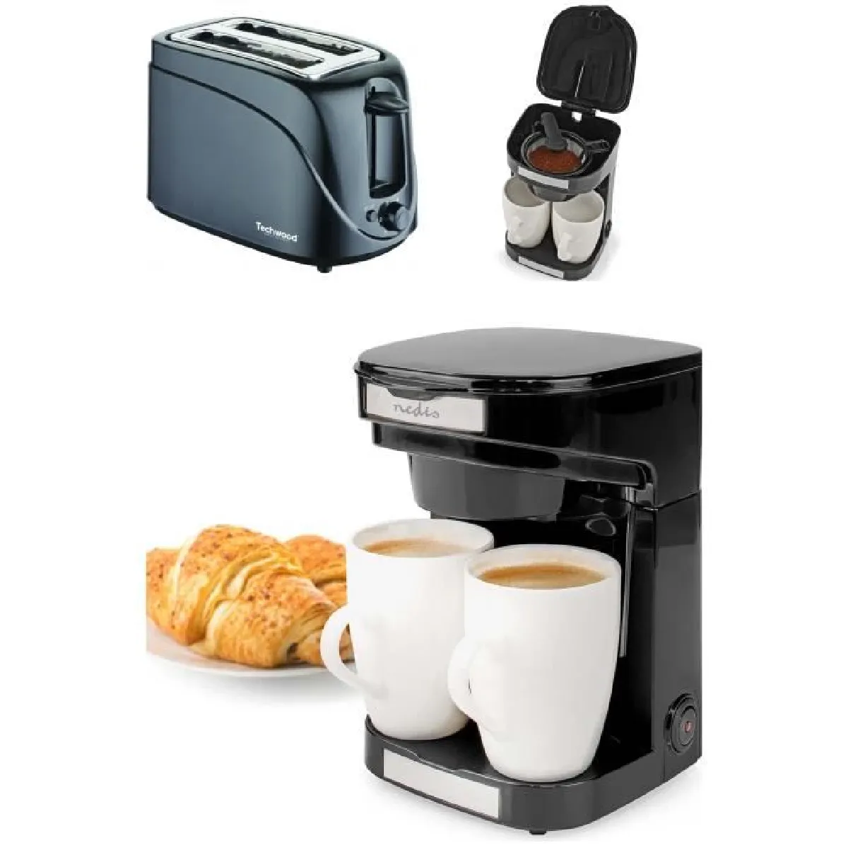 Cafetière électrique 2 Tasses Duo 2 x 0.25l Filtre permanent lavable 450W noir + Grille-pain Noir 700W Ejection auto ou manuelle