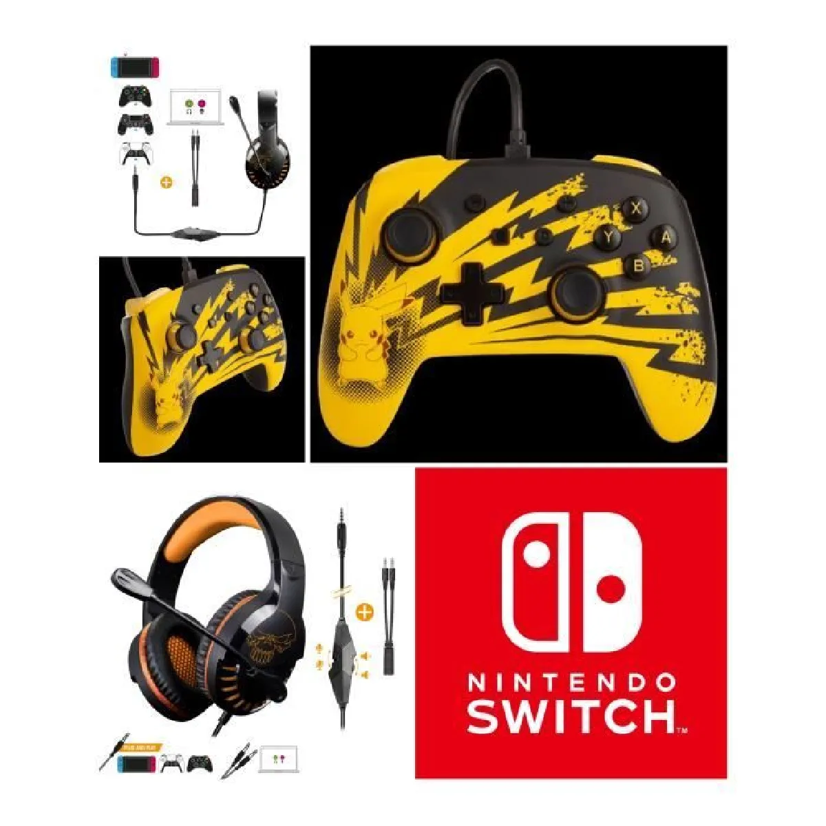 Pack Manette SWITCH Filaire Nintendo Pokémon Pikachu Lightning Officielle + Casque Gamer PRO H3 OR SPIRIT OF GAMER SWITCH