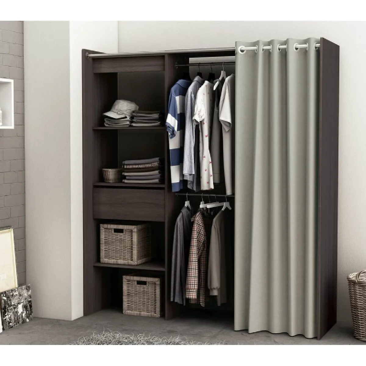 Armoire dressing extensible avec rideau MOKA imitation chêne foncé wengé