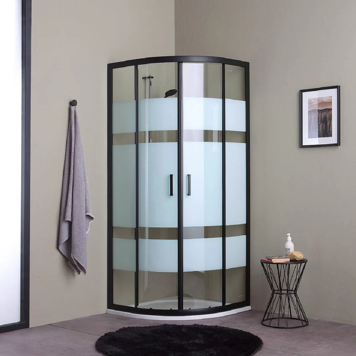 CABINE DE DOUCHE D'ANGLE 90X90 PROFILS VERRE SÉRIGRAPHIÉ NOIR MAT - CITY