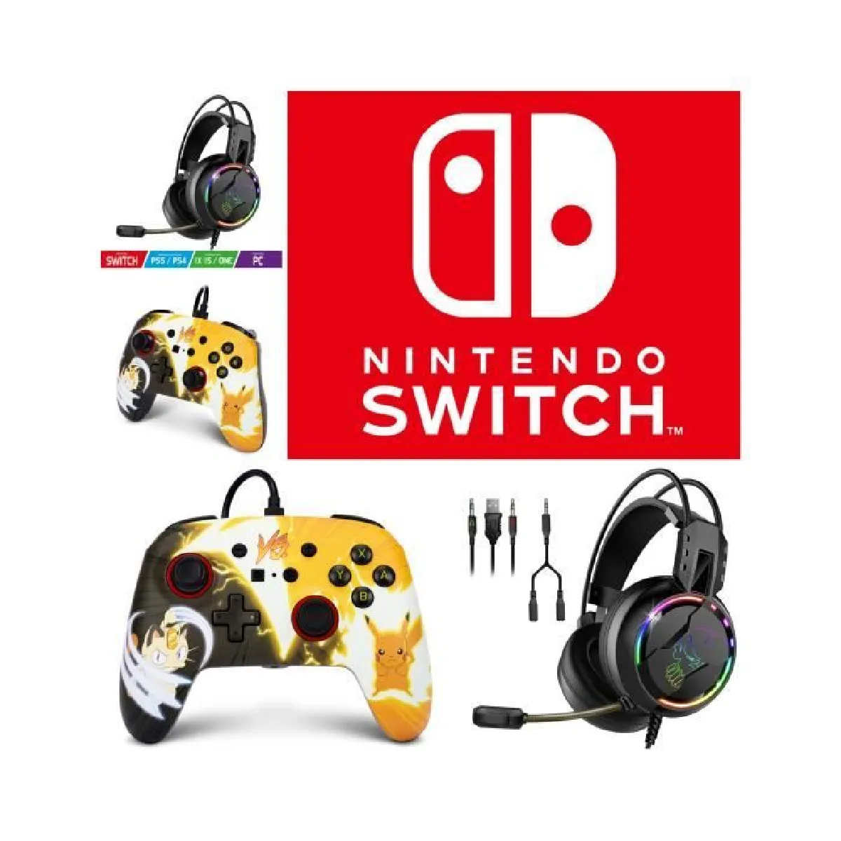 CASQUE NINTENDO SWITCH ROUGE ET BLEU Manette filaire SWITCH Pokémon Pikachu MEOWTH Officielle Nintendo avec Câble USB détachable