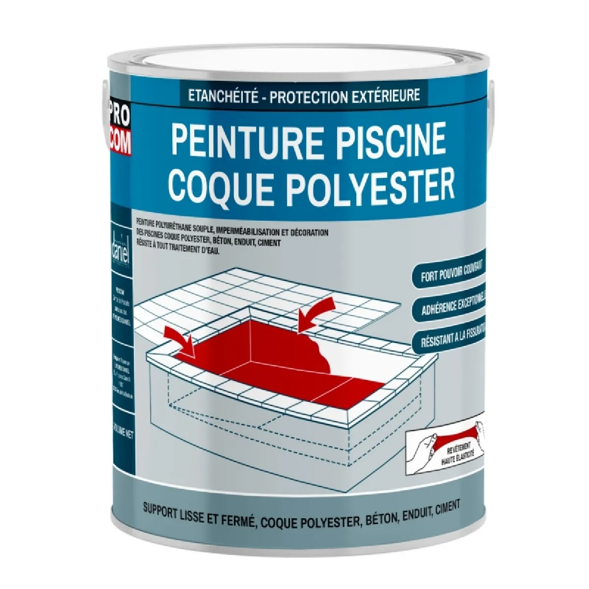 Peinture piscine coque polyester, béton, peinture piscine polyuréthane étanche et souple, haut de gamme PROCOM-3 Kg-Blanc