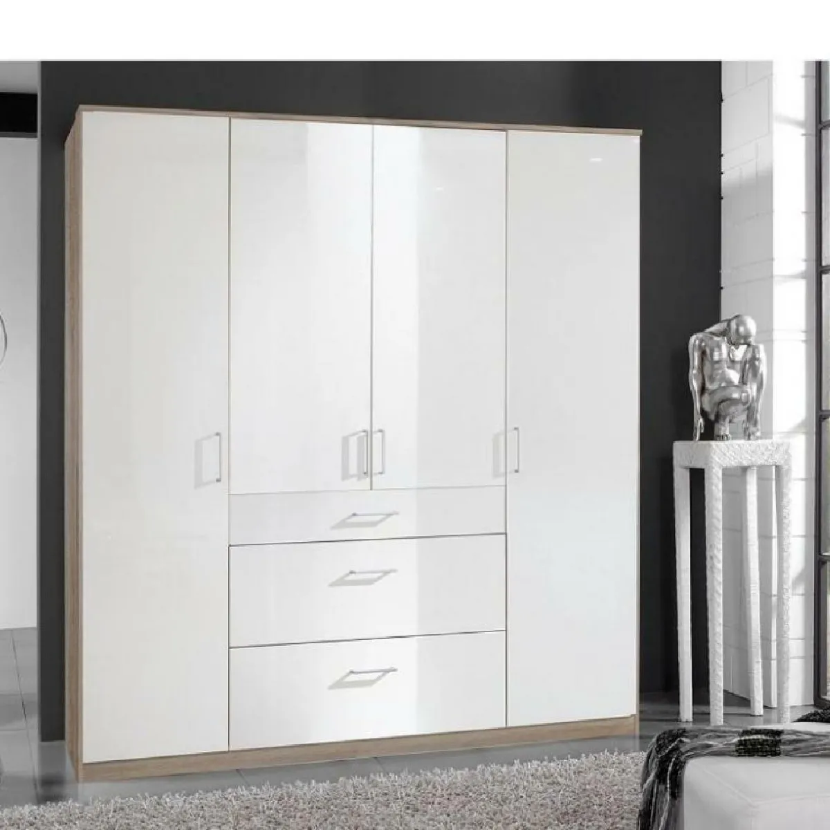 Armoire COOPER 4 portes 3 tiroirs laqués blanc largeur 179 cm