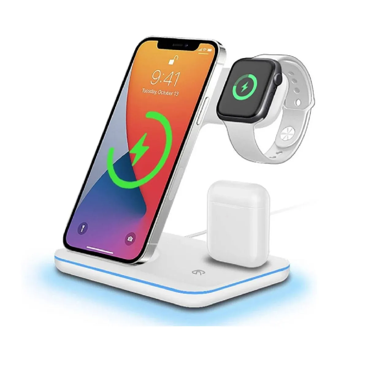 Support de chargeur sans fil rapide 15W Station de charge rapide QI 3 en 1 pour Apple Watch Series 6/SE/5/4/3/2, AirPod 1/2/Pro, iPhone 12/12 Pro/11/XS/X/8/8 Plus ; Samsung Galaxy Buds/S20,(blanc)