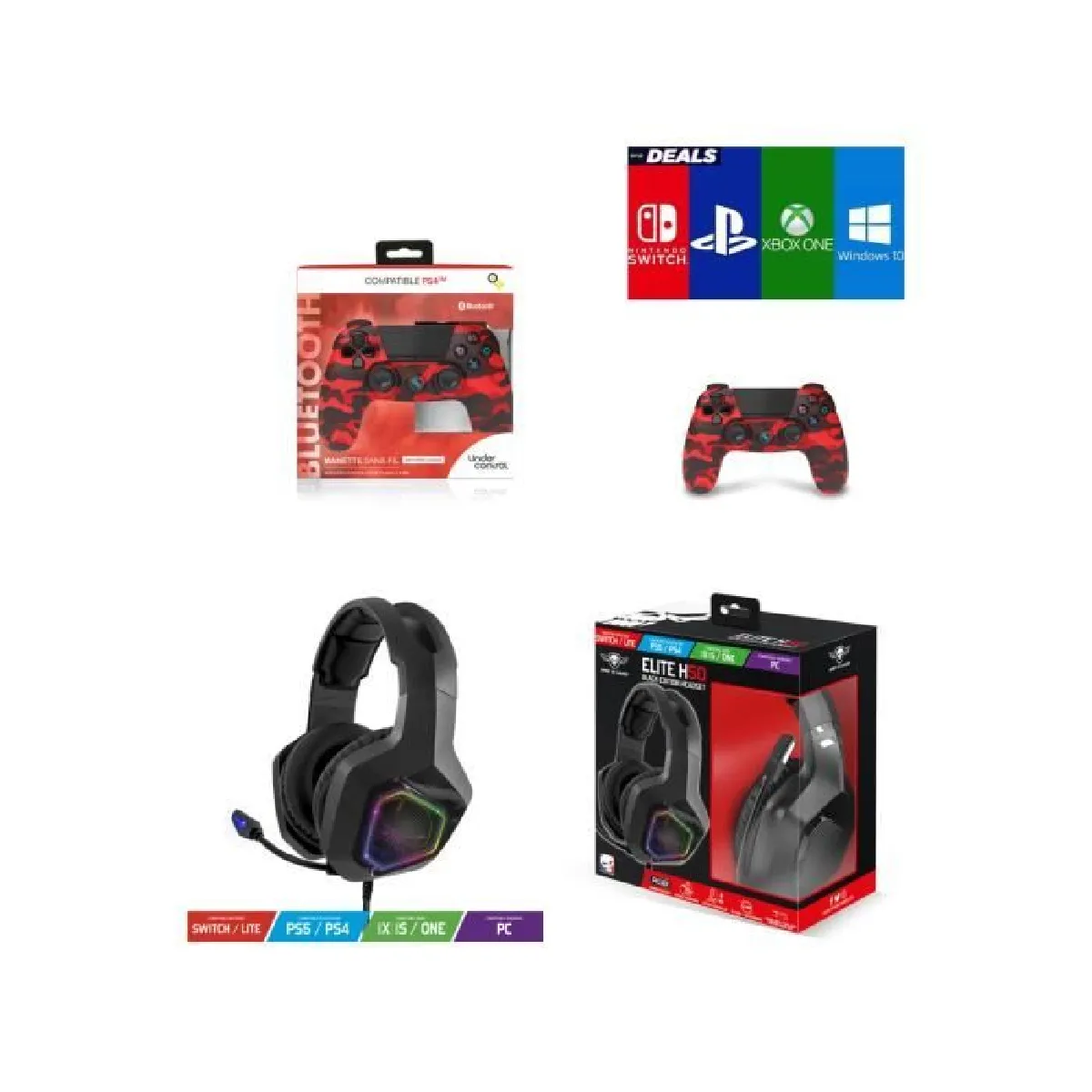 Pack Manette PS4 Manette Bluetooth Rouge Camouflage 3.5 JACK + Casque Gamer PRO-EH50BK PS4 -PS5 PLAYSTATION