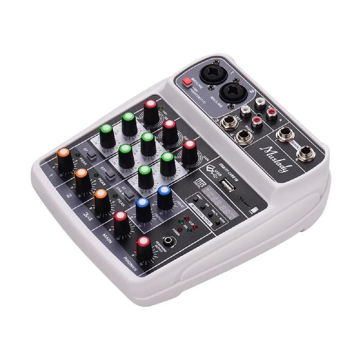 Carte son compacte Console de mixage Mélangeur audio numérique Entrée USB MP3 BT 4 canaux + Alimentation fantôme 48V