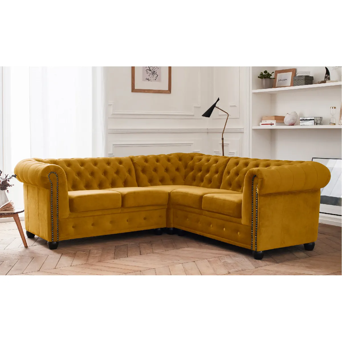 William - canapé Chesterfield d'angle réversible - 5 places - en velours