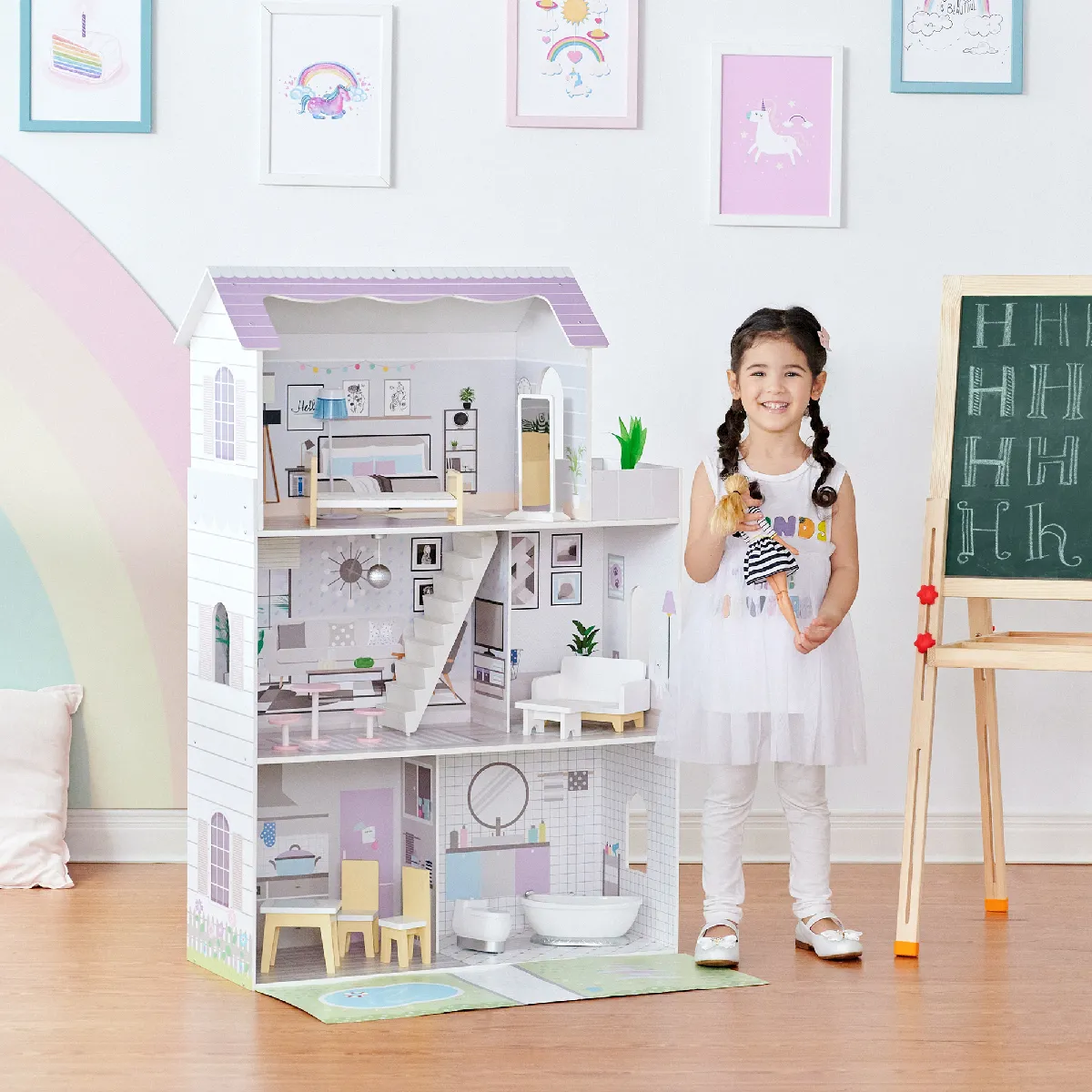 Grande Maison De Poupée En Bois De 3 Étages Avec 16 Accessoires De Meubles De Poupée Pour Enfants Olivia's Little World Dreamland Calabasas TD-12383E