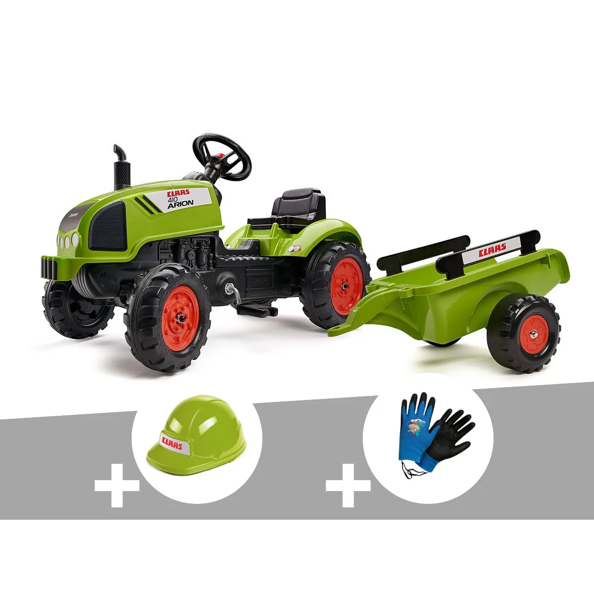 Tracteur enfant Claas Arion 410 avec remorque 2 à 5 ans Falk + Casque + Gants