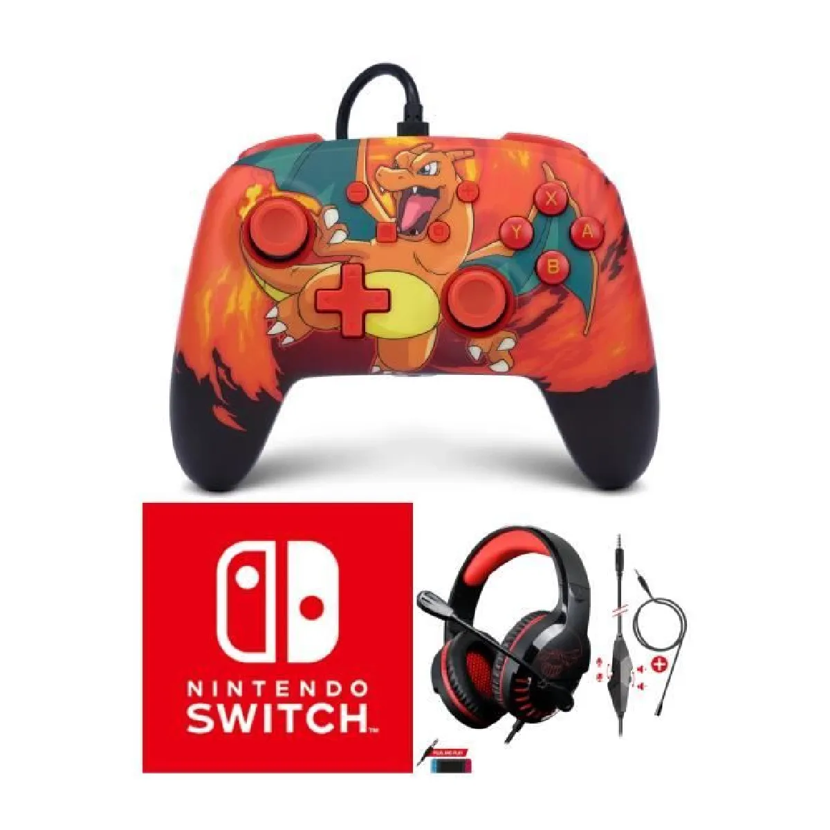 Manette filaire SWITCH Pokémon Charizard Vortex Officielle Nintendo avec Câble USB détachable+ CASQUE SWITCH ROUGE NOIR