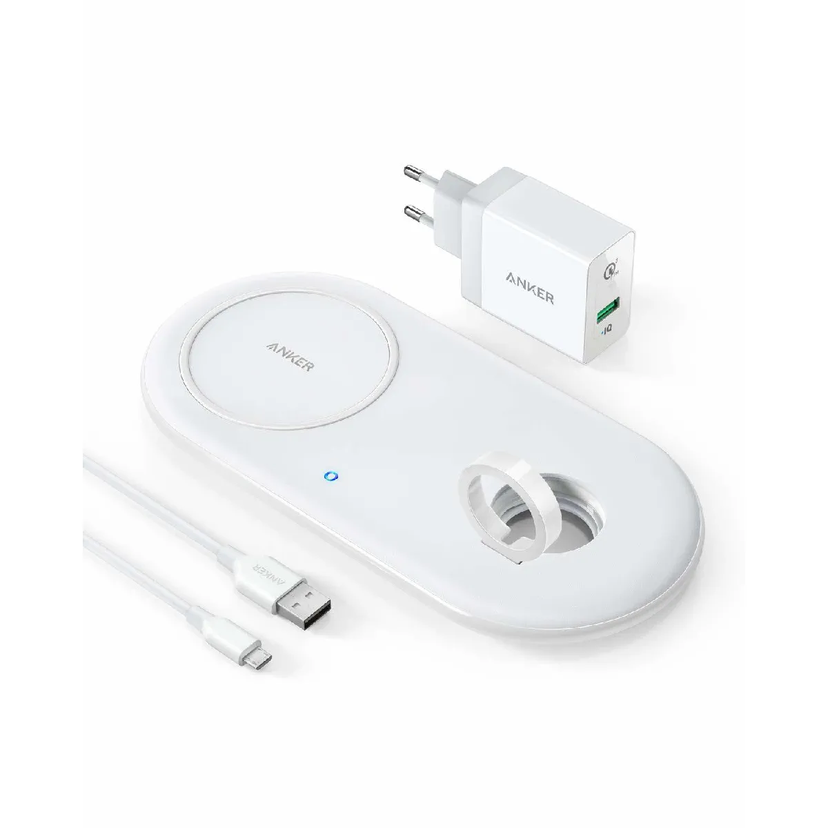 Anker PowerWave+ Station de Chargement 2 en 1 certifié Qi avec Station d'accueil pour Apple Watch Series 4/3/2, Chargement Rapide avec iPhone XS/XS Max/XR/X/8 Plus,(blanc)