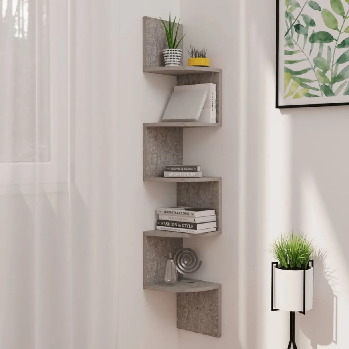 Étagère d'angle murale,Etagère de rangement flottante gris béton 19x19x123cm bois d'ingénierie -MN96174