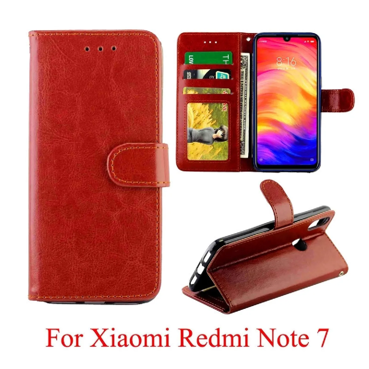 Housse Coque Pour Xiaomi Redmi Note7 Étui en cuir à rabat horizontal avec texture Crazy Horse porte-cartes et porte-cartesportefeuille et cadre photo Marron