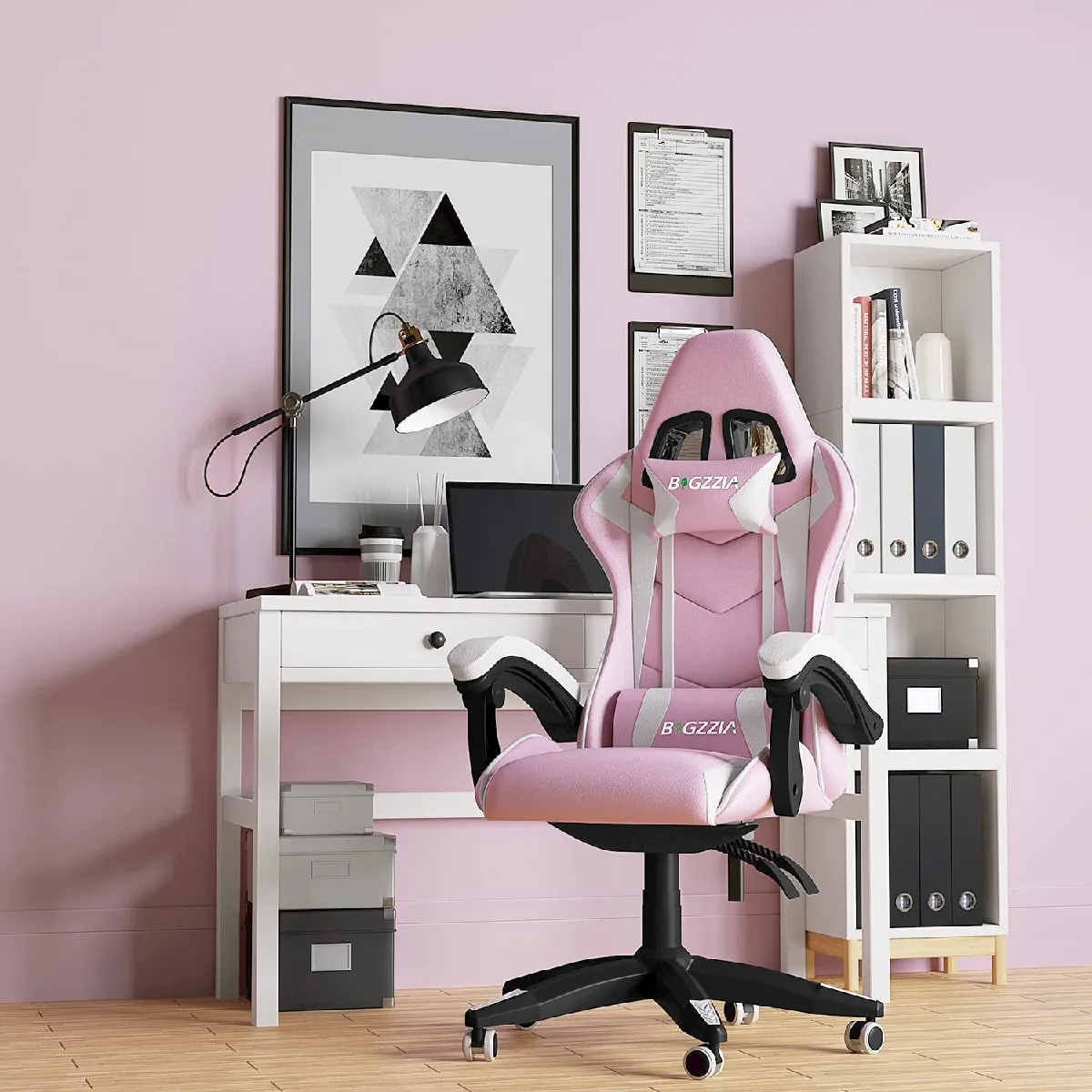 Chaise de Gaming Ergonomique, Fauteuil gamer, Dossier Inclinable à 155, avec Lombaire&Appui-Tête Appui, chaise gamer, PU Cuir Chaise Bureau, fauteuil gamer, chaise bureau gaming, Rose Blanc