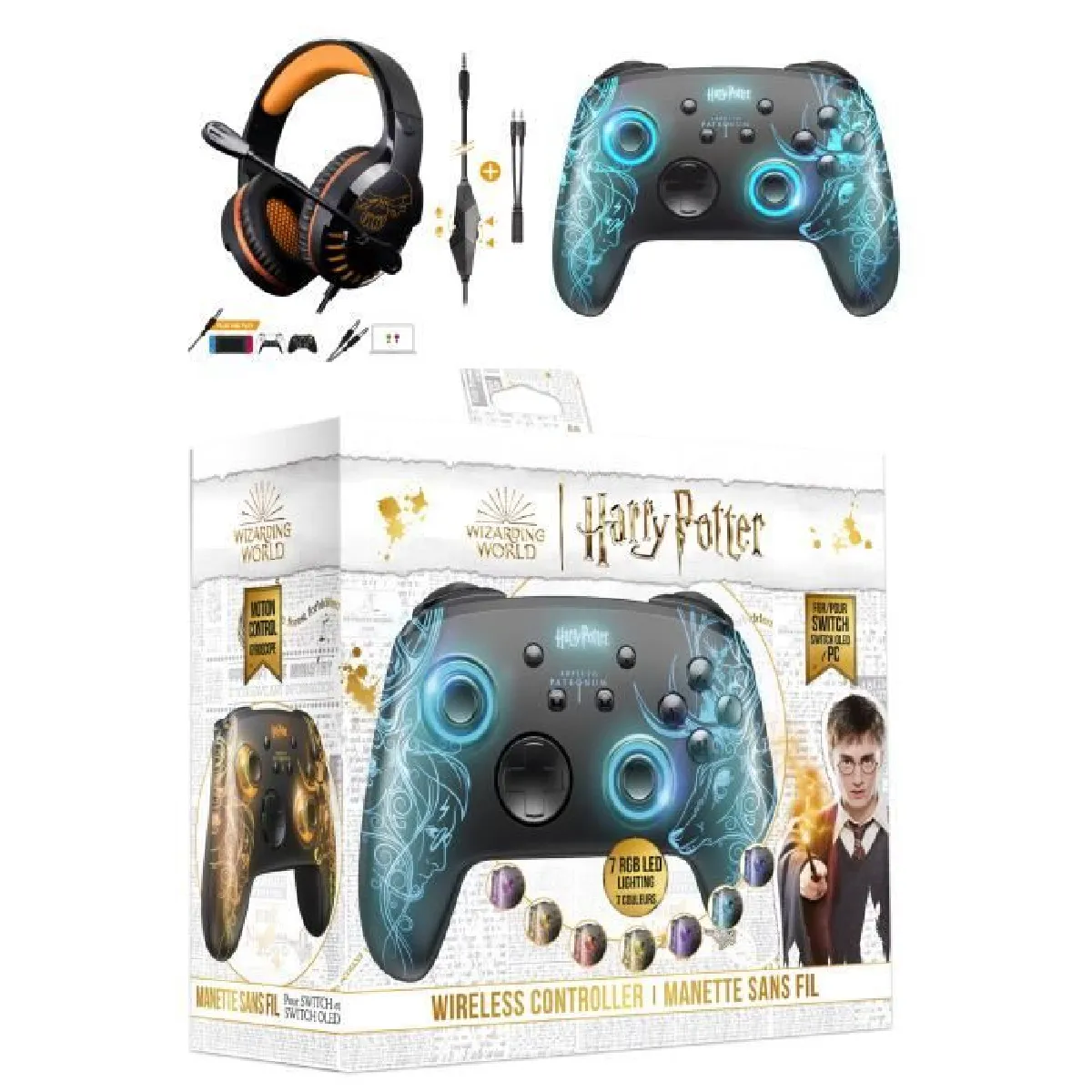 Casque SWITCH PRO-H3 MULTI CONSOLE + Manette SWITCH SANS FIL RGB Bluetooth Translucide Patronus Nintendo SWITCH HARRY POTTER