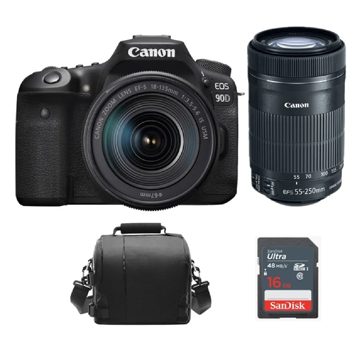 CANON EOS 90D Kit EF-S 18-135mm F3.5-5.6 IS USM + EF-S 55-250MM F4-5.6 IS STM + Camera Bag + 16GB SD card