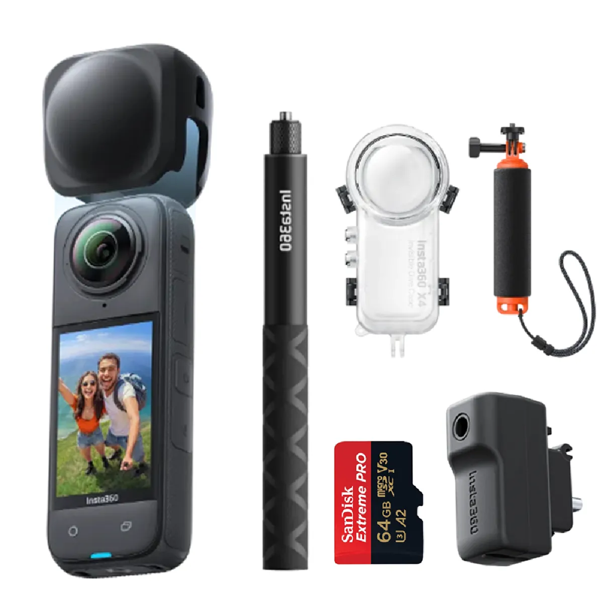 INSTA360 ONE X4 + chargeur + étui de protection d'objectif + bâton selfie 114 CM + coque de plongée invisible + bâton de flottabilité portable +SanDisk 64GB Extreme Pro Micro SDXC U3 A2 V30 4K 200MB/s (SDSQXCU-064G)