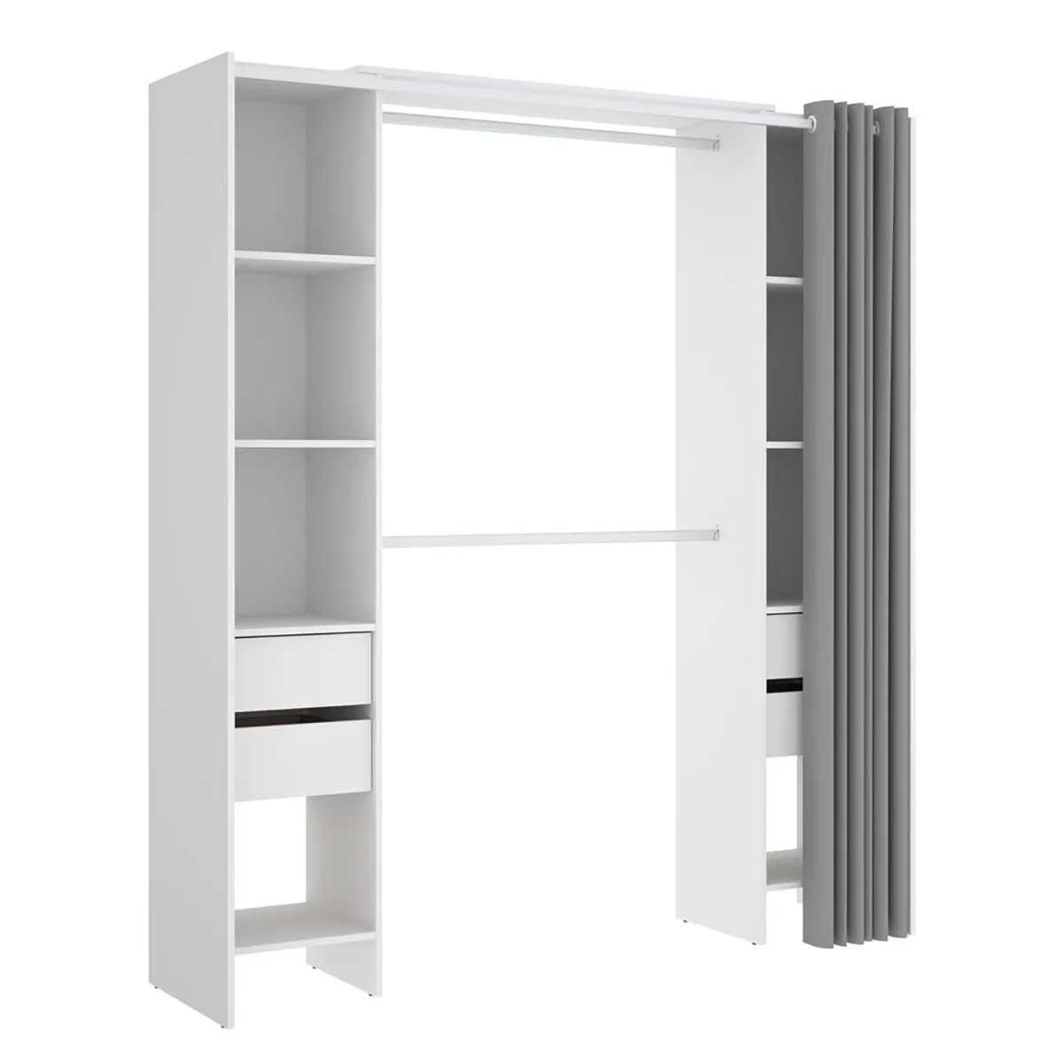 Armoire dressing extensible avec rideau + 4 tiroirs coloris blanc - Longueur 100-180 x Hauteur 203 x Profondeur 50 cm