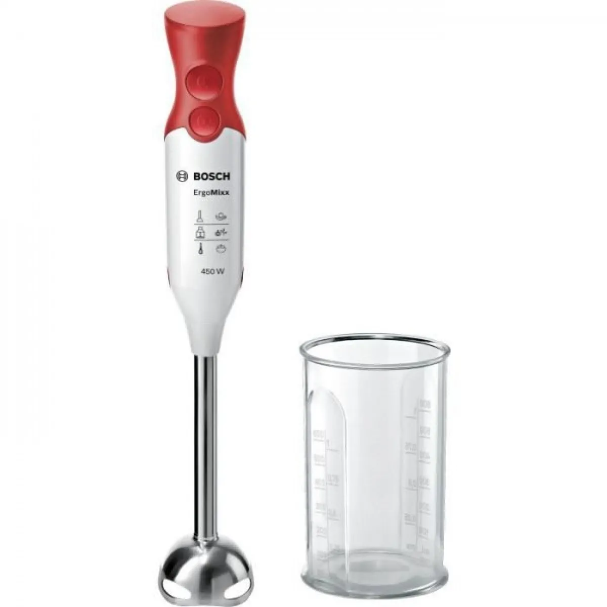 Mixeur Electrique BOSCH plongeant - 450 Watt - Pied inox - 4 lames aiguisées - 2 Vitesses - Bol gradué 600 ml - blanc/rouge