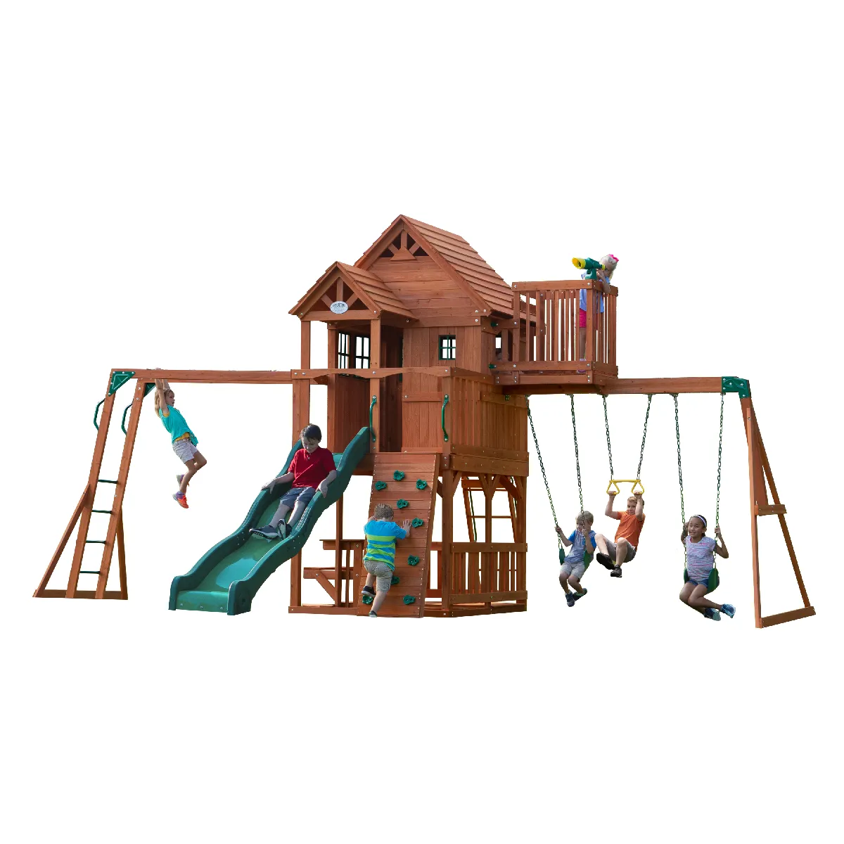 Backyard Discovery Skyfort II Aire de jeux en bois - Aire de jeux Extérieur avec balançoire, toboggan, bac à sable / mur d'escalade, Balancoire Exterieur avec Toboggan, Portique Balancoire Exterieur