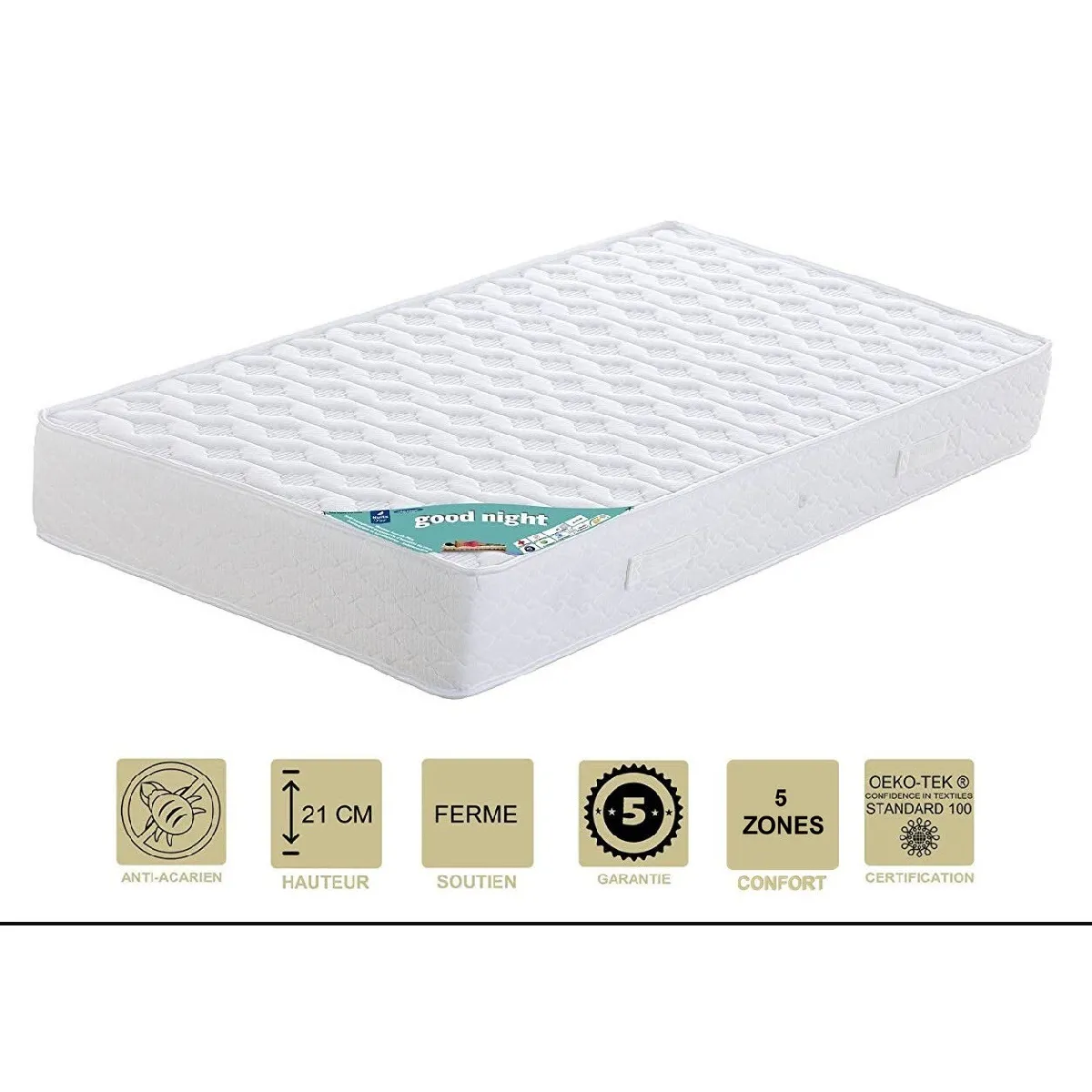 Matelas + Alèse 160x190 x 21 cm - Ferme - Aertech+ 35 Kg/m3 HR Haute Densité - Hypoallergénique - 5 Zones de Confort