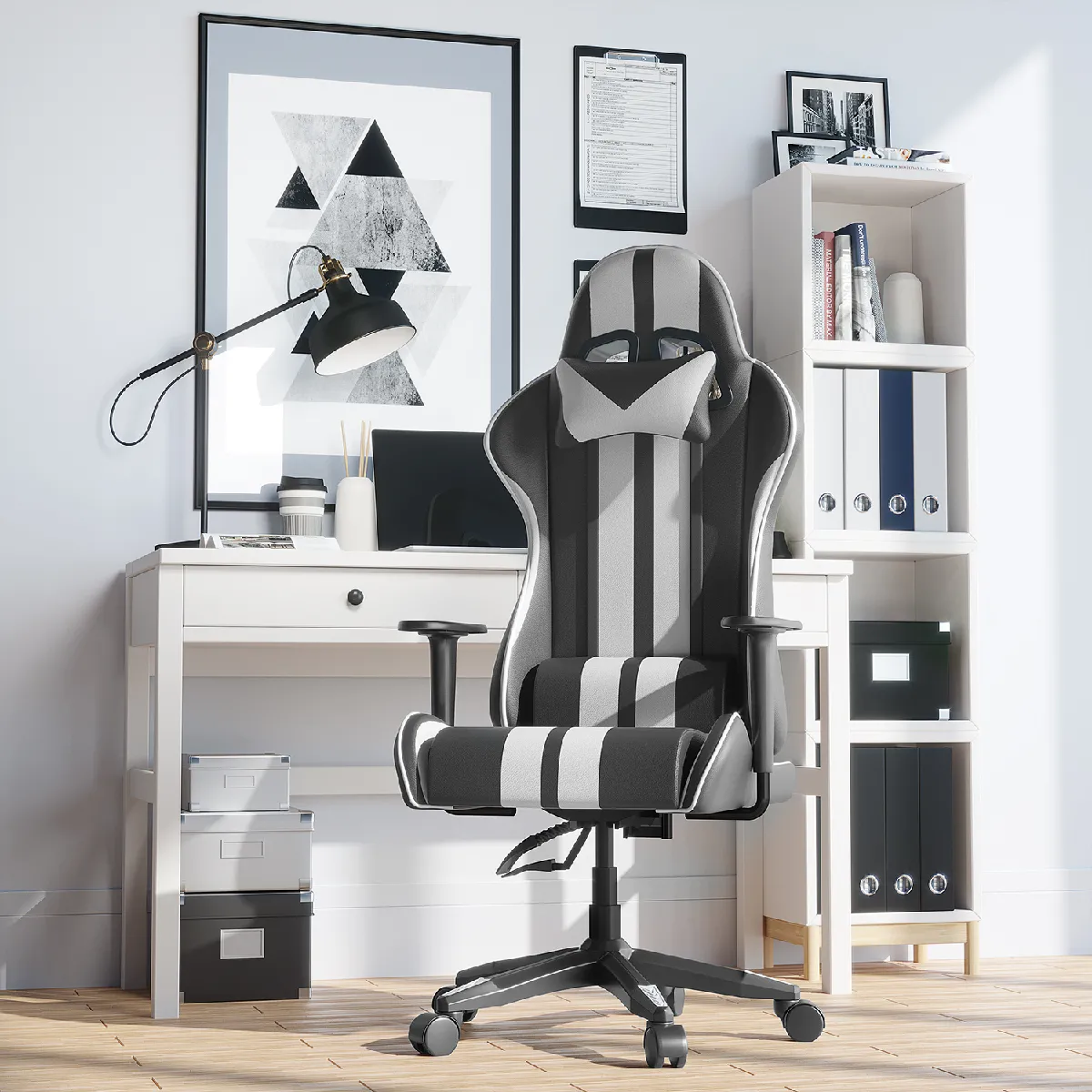 Fauteuil Gamer - BIGZZIA Chaise Gaming Ergonomique - Siège Gamer avec appui-tête et oreiller lombaires - Inclinable 90 °-135 ° -Noir et Blanc