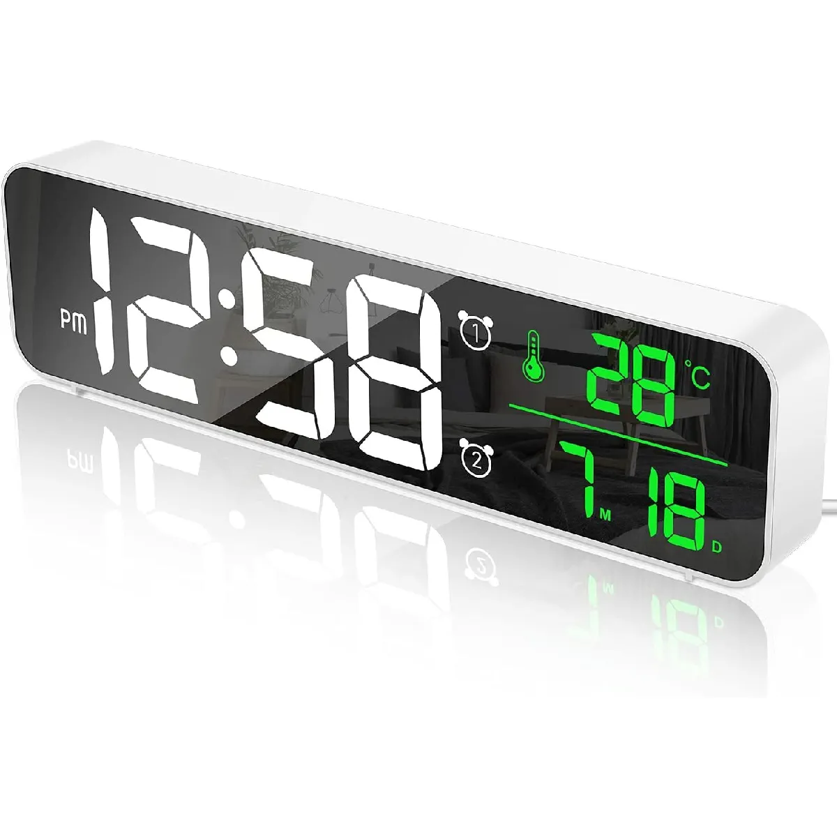 Réveil Numérique, Horloge Murale Réveil Matin LED Digital Miroir Grand Ecran avec Température Date, 2 Alarme, 40 Musique, 6 Luminosité Variable, USB Clock pour Maison Bureau, Blanc