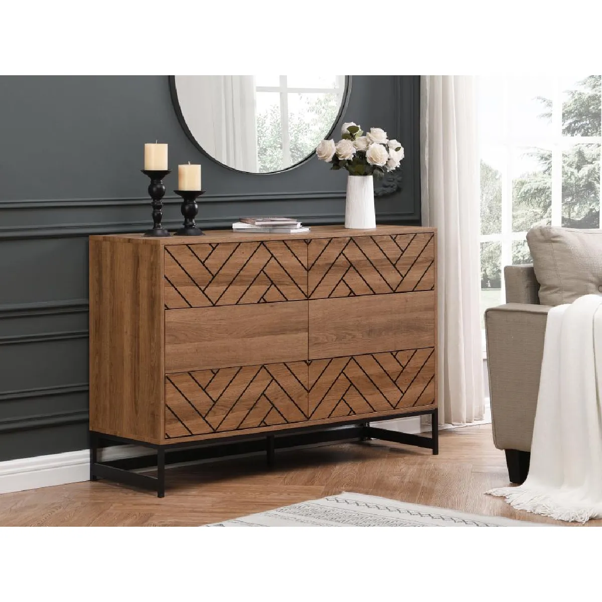 Commode 6 tiroirs - MDF et acier - Coloris : Naturel et noir - CARATANA