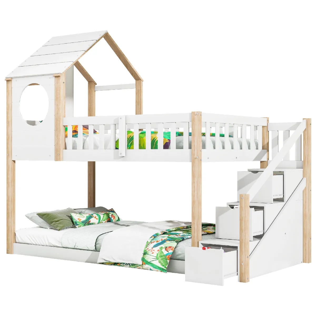 Lit Cabane Enfant Double, En Forme De Maison, Avec Échelle et Garde-Robe, Pin, 90x200Cm, Blanc