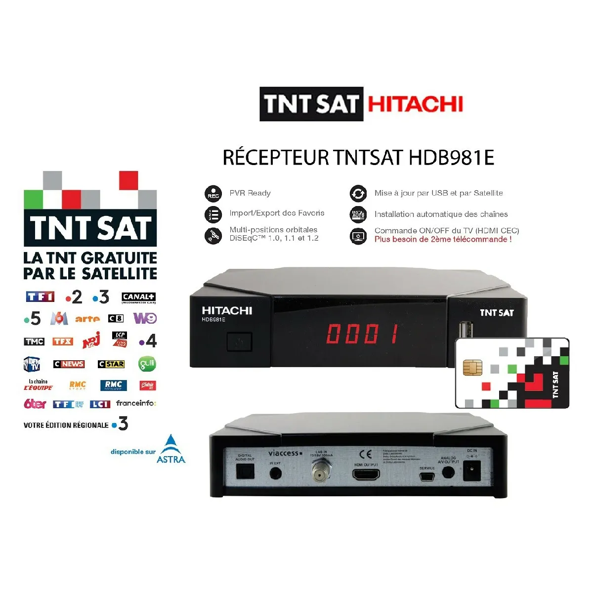 Récepteur Décodeur TNTSAT HDB981E – carte TNTSAT incluse, PVR Ready, Mise à jour par USB et par Satellite