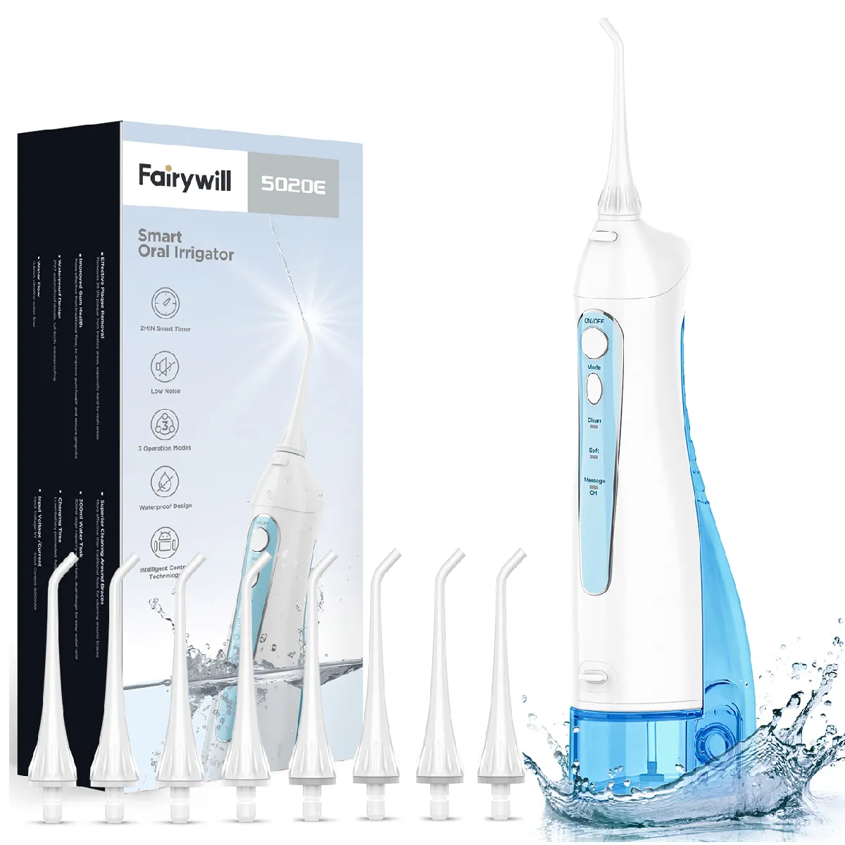 Hydropulseur Jet Dentaire Rechargeable Portable 8 Buses Irrigateur Oral Professionnel 3 Modes - Blanc+Bleu