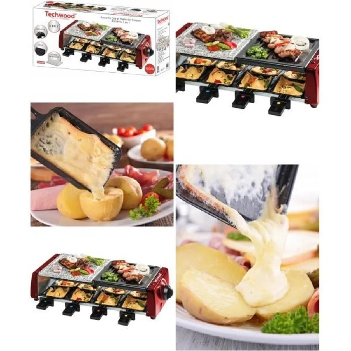 APPAREIL A Raclette Grill Et Pierre de Cuisson pour 8 personnes Revêtement anti-adhésif 1200W Avec Poignées isolantes en acier