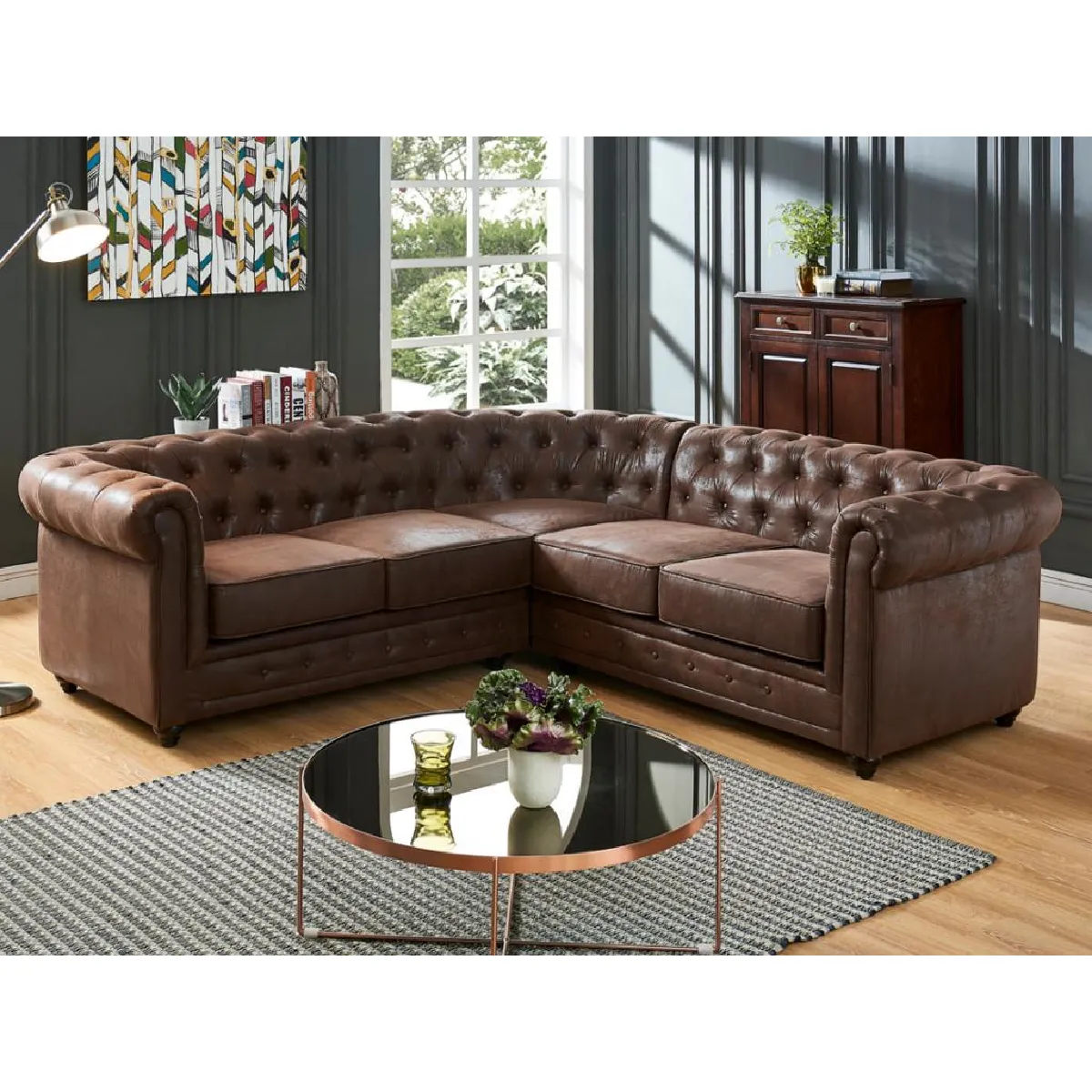 Canapé d'angle CHESTERFIELD en microfibre aspect cuir vieilli