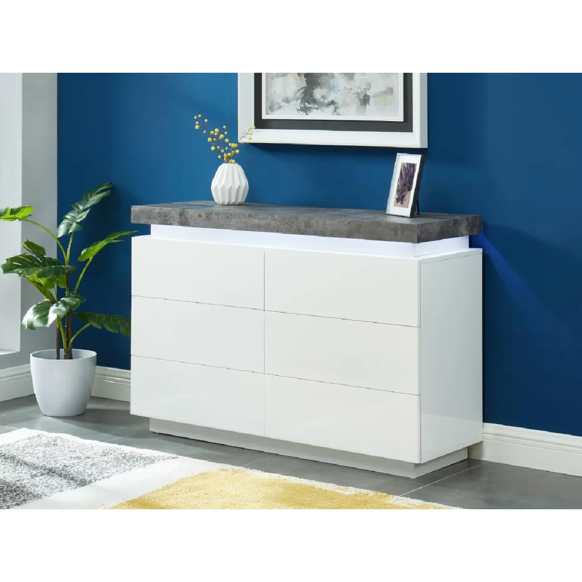 Commode HALO II - 6 tiroirs - MDF laqué - Avec LEDs - Coloris : Blanc et béton