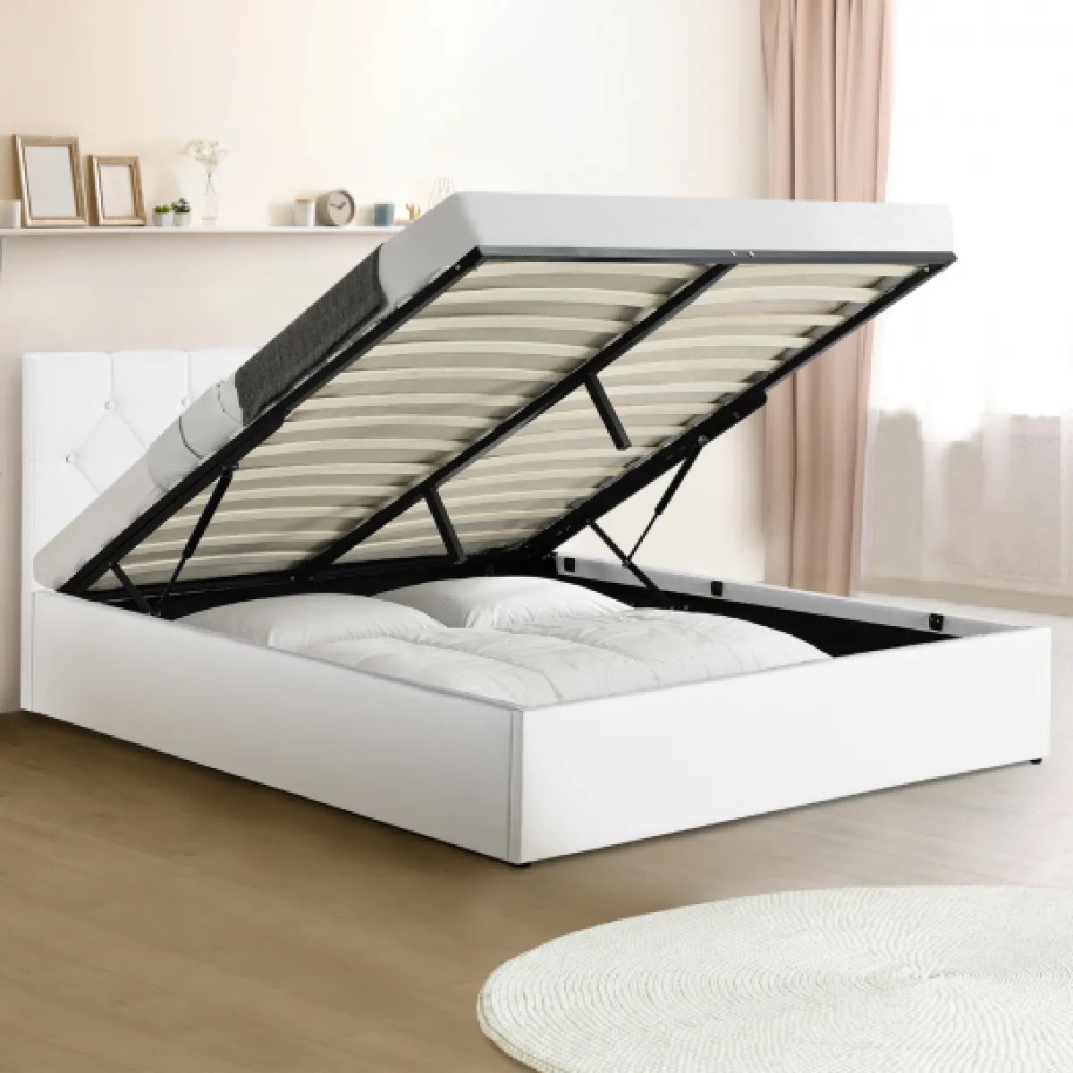 Lit coffre double AUSTIN avec tête de lit et sommier 140 x 190 cm PVC