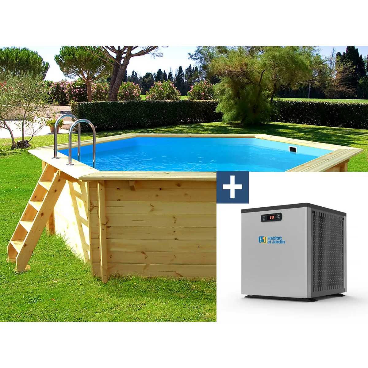 Piscine bois Hawai - 4.10 x 1.18 m + Mini pompe à chaleur 3.5kW - Métal - Gris