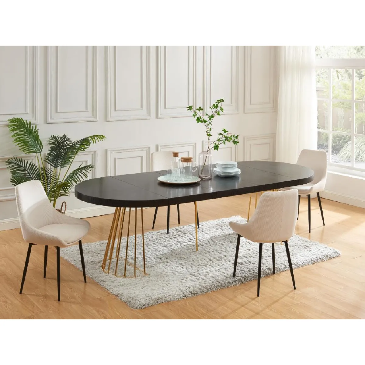 Table à manger extensible 2 à 12 personnes en MDF et acier - Noir et doré - FIRELA