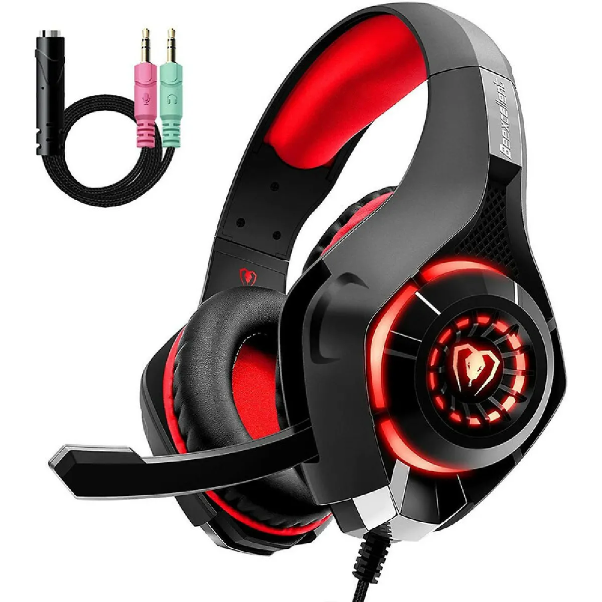 Beexcellent Casque Gaming pour PS4 Xbox one Casque Gamer avec Micro Anti Bruit LED Lampe Stéréo Basse Contrôle du Volume Microphone Réglable(rouge)