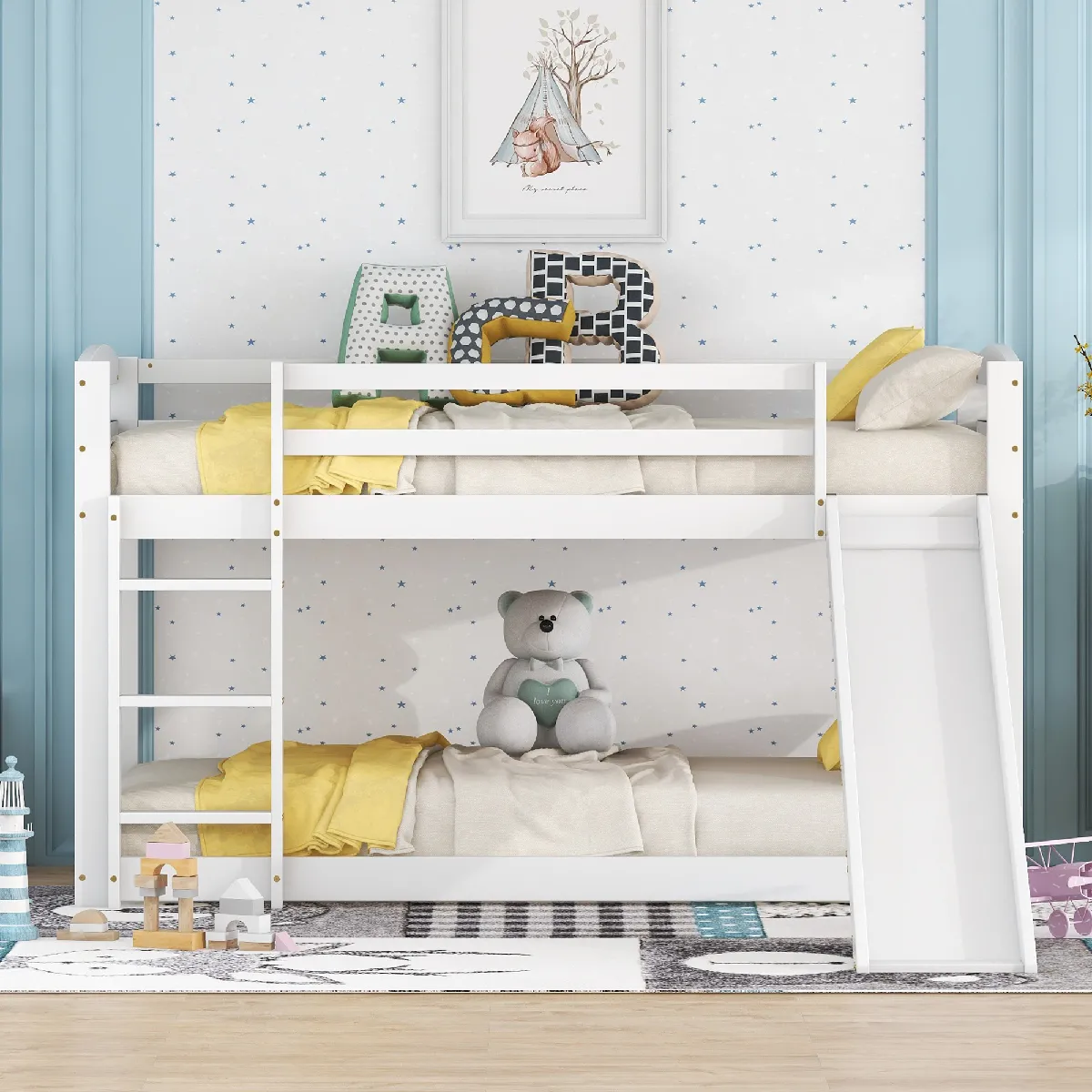 Lits Superposés Enfant - Lit Mezzanine Avec Toboggan - Cadre En Pin Massif - 90X200cm - Blanc