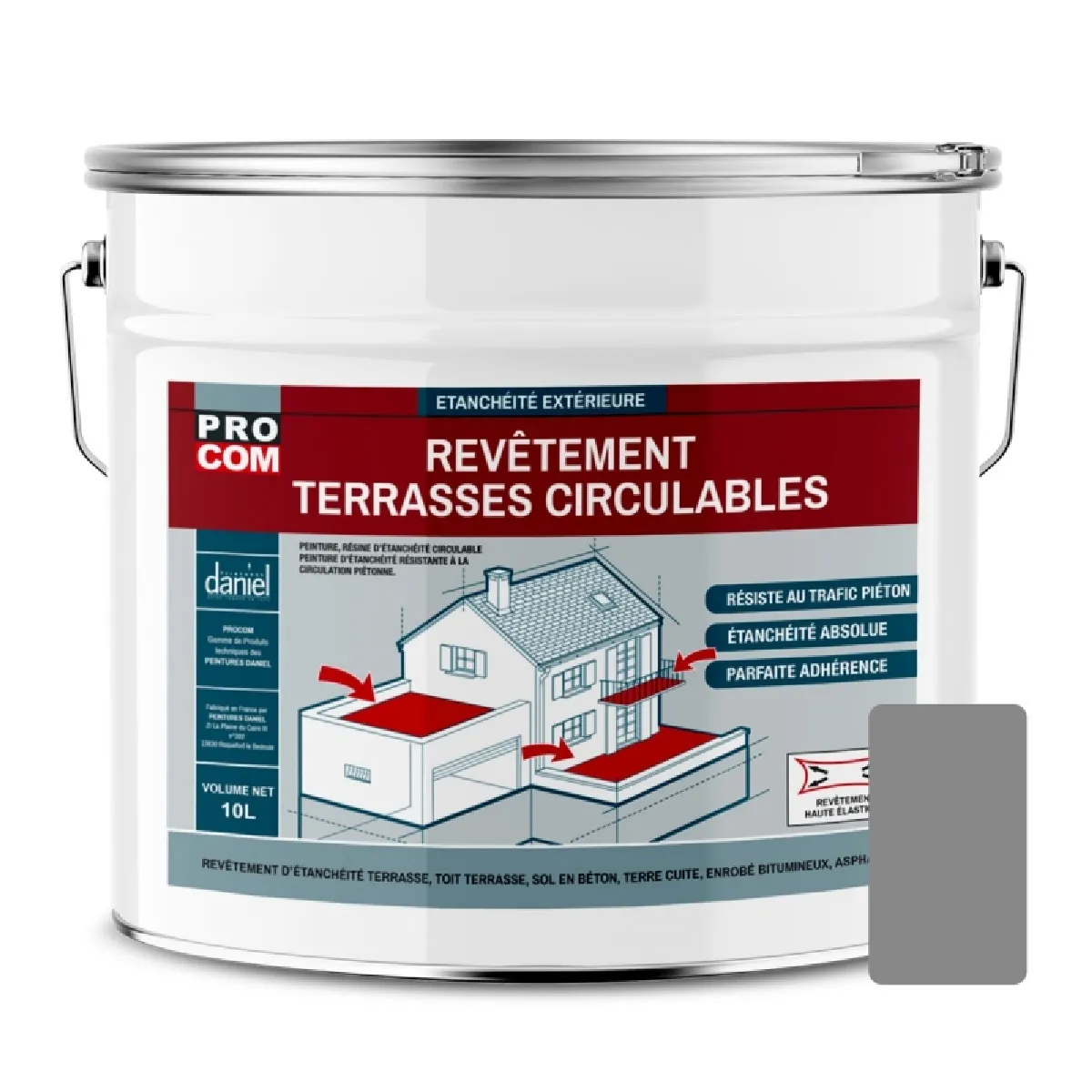 Peinture, résine d'étanchéité imperméabilisation terrasse circulable, balcon, sols extérieurs, béton, plusieurs coloris PROCOM-10 litres-Gris