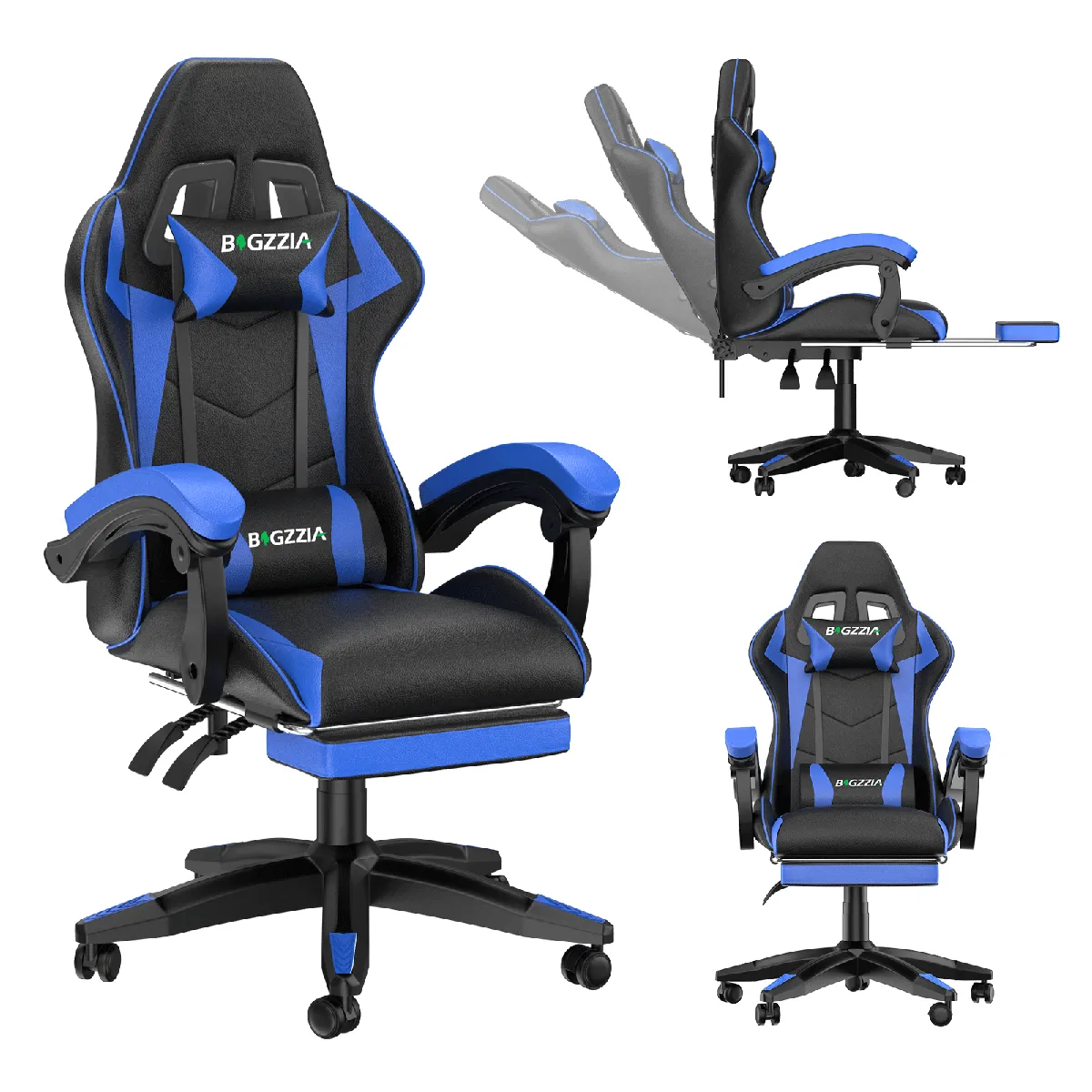 Chaise de Gaming avec Repose-Pied, Chaise Gaming Racing, Dossier Inclinable à 155, Avec support lombaire, Fauteuil gamer Ergonomique, Siege Gaming avec Appui-tête, Noir Bleu