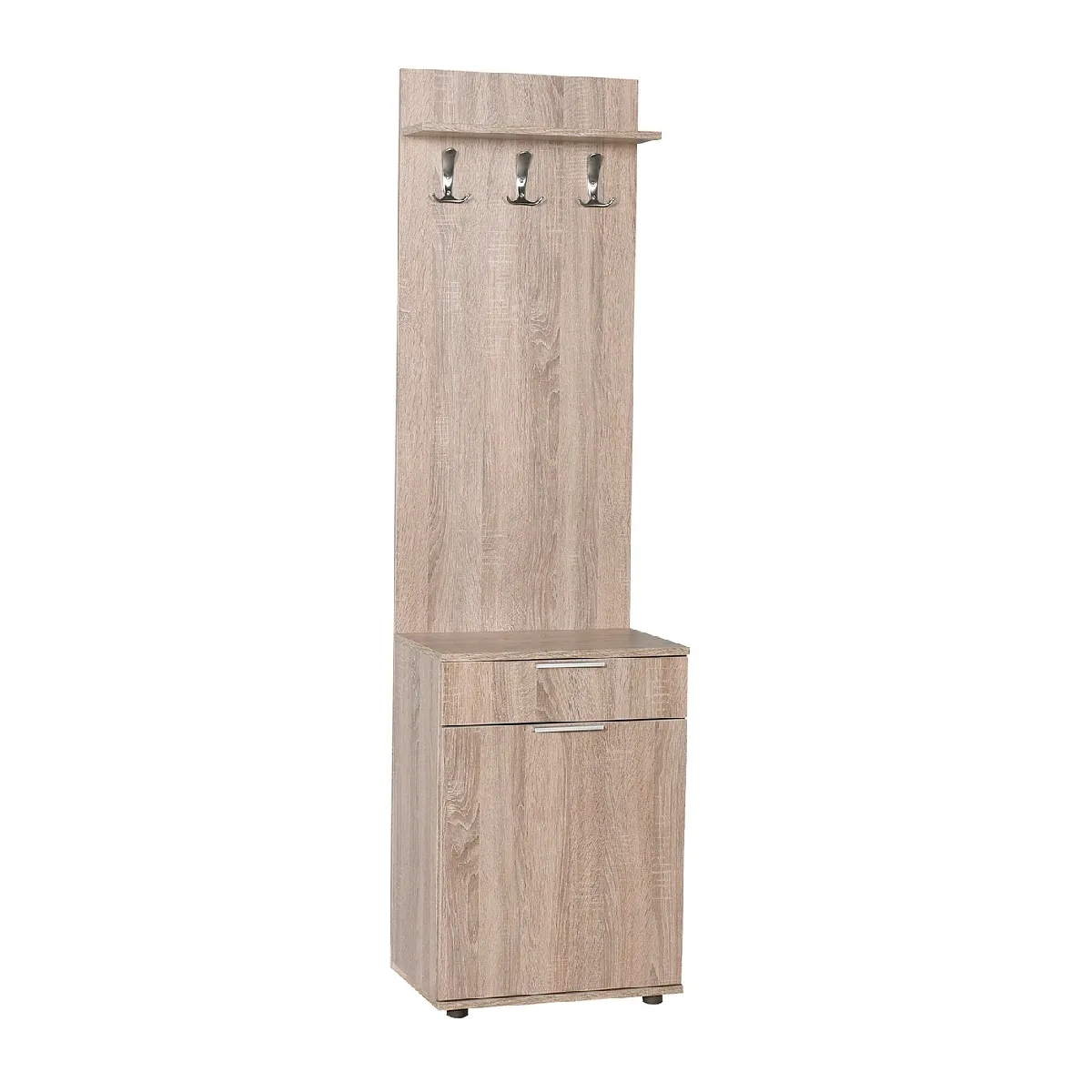 Meuble d'entrée, banc de vestiaire en bois avec 1 porte et tiroir coloris chêne - longueur 52 x profondeur 36 x hauteur 187 cm