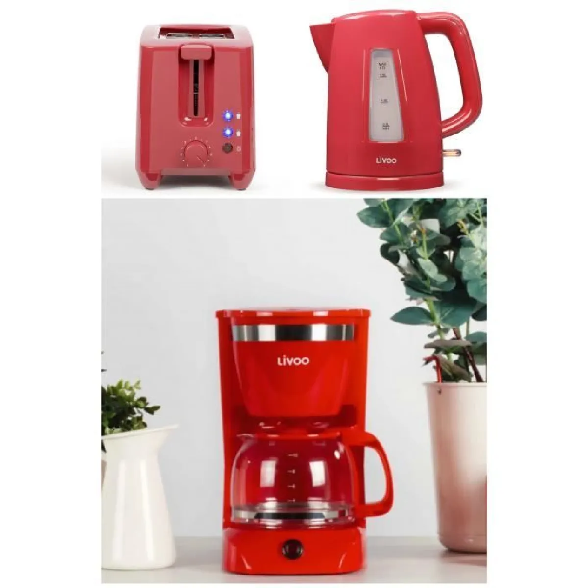 Cafetière électrique Machine à café 1L25 ROUGE 800W + Grille-pain 750W INOX 2 fentes + Bouilloire électrique ROUGE 1.7L 2200W