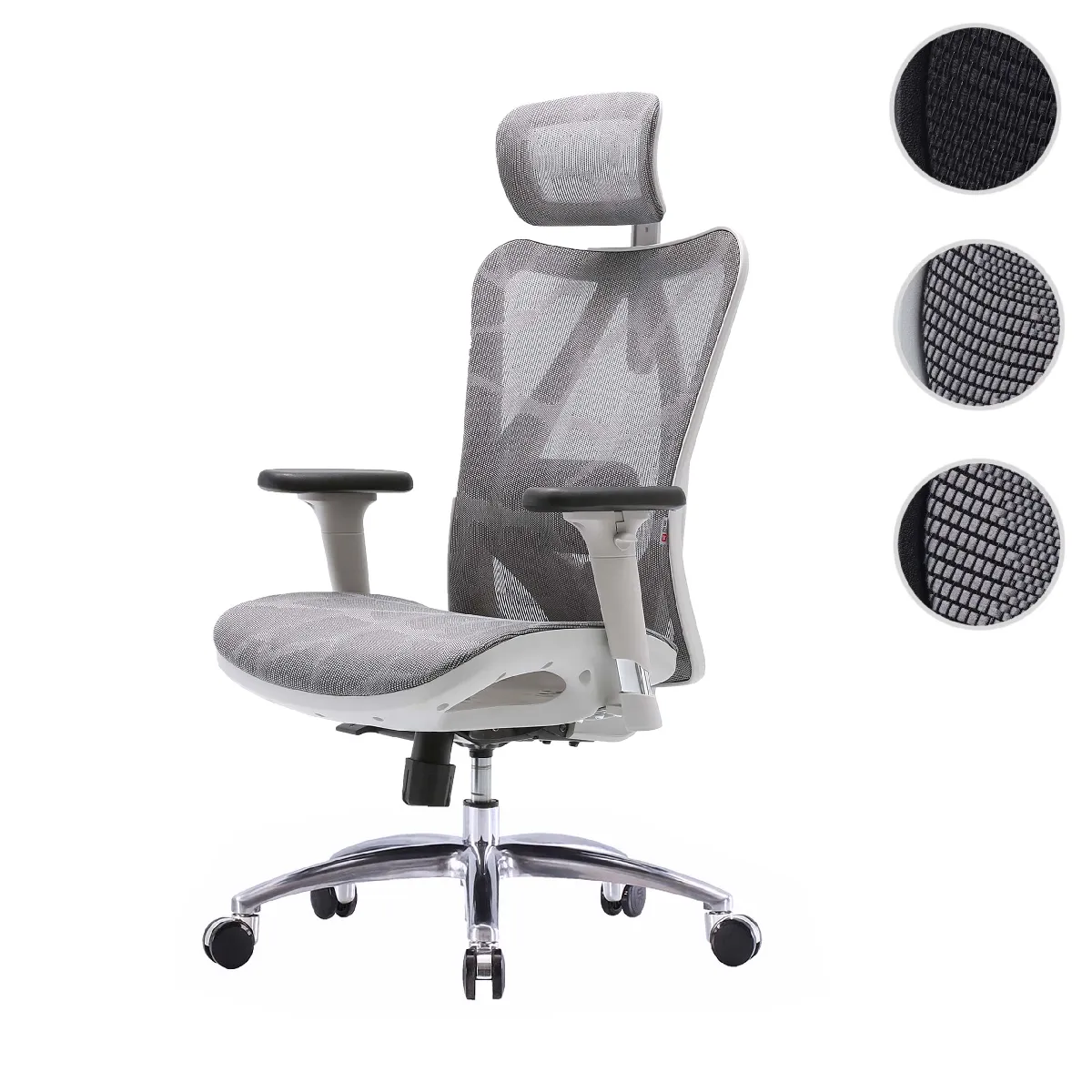 SIHOO chaise de bureau ergonomique charge max. 150kg ~ revêtement gris, piétement blanc